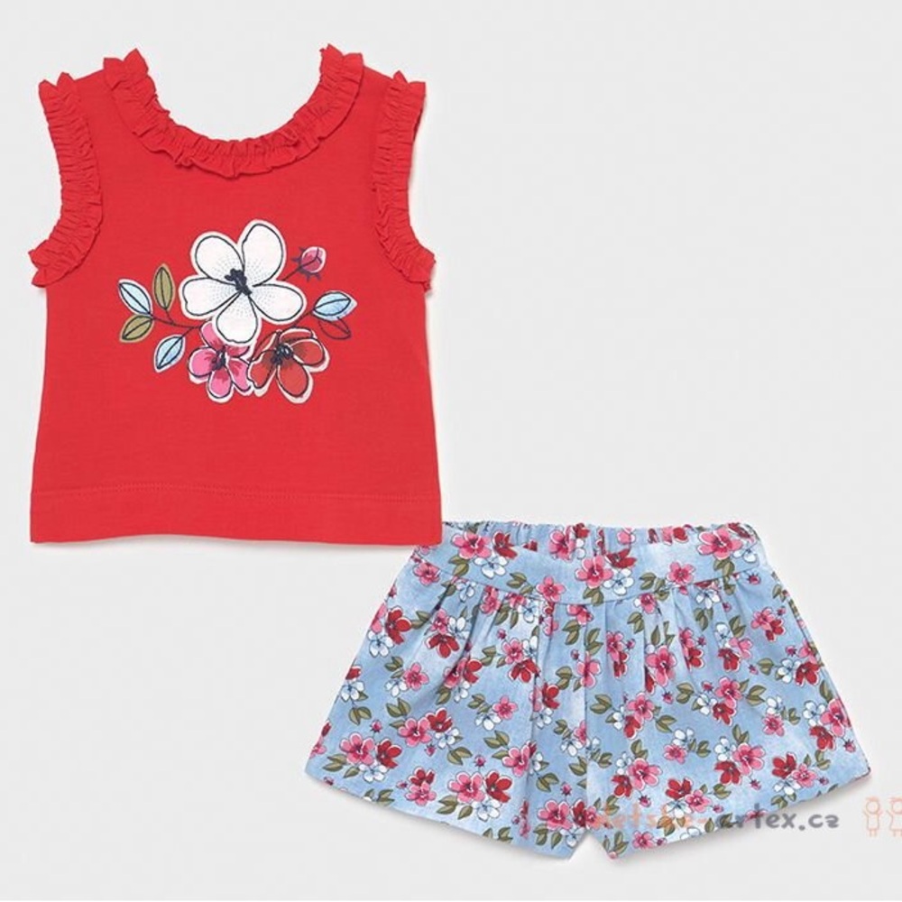 Size 12 months Baby Mayoral Red Top and Blue Floral Shorts Set